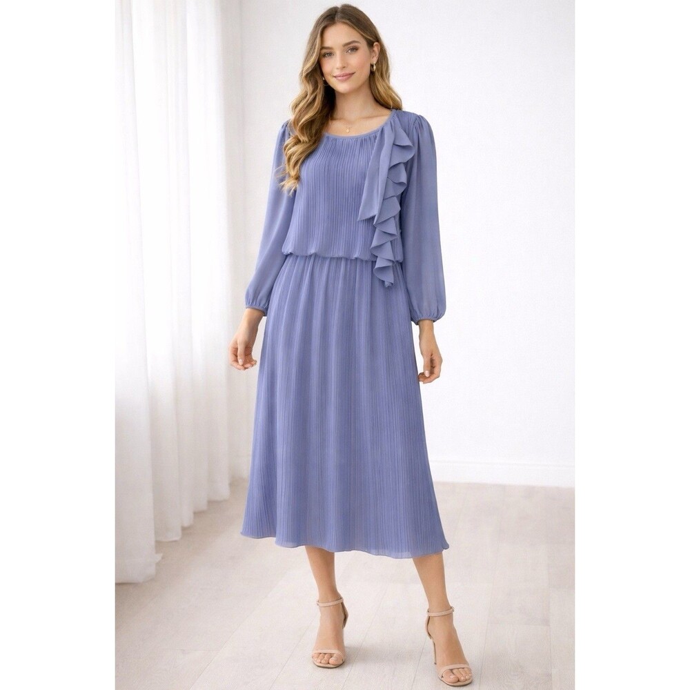 Vintage 70s Lavender Accordion Pleated Midi Dress Ruffle Union Made USA ILGWU